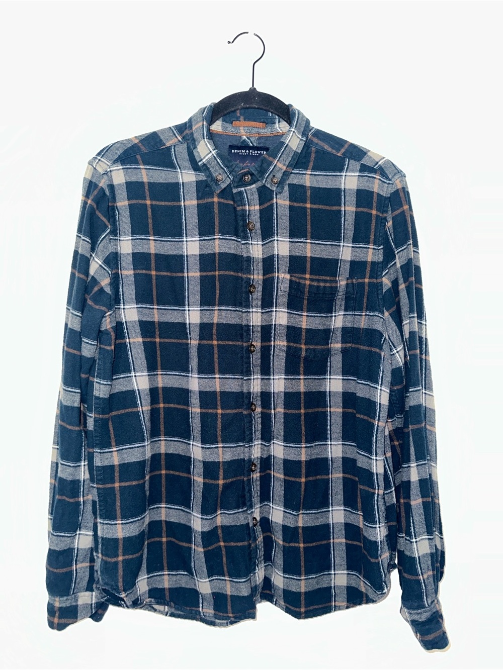 Denim & Flower Men's Navy White Brown Plaid Button-Down Shirt